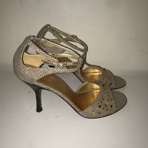 Cole Haan tweed and bejeweled ankle strap heels
